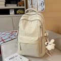 Sac à dos d'écolier beige avec motifs d'étoiles et charmant lapin en peluche blanc - Kaki