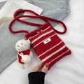 Borsa a tracolla in maglia a righe rosse e bianche con bottone in legno e orsetto - Con Ciondolo a Orso / Rosso