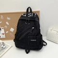 Vintage schwarzer Denim Rucksack für Studenten mit Stickerei und großem Fassungsvermögen - Schwarz