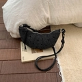 Chic dark grey tweed crescent bag with pleated design and knotted leather shoulder strap - Black
