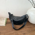 Minimalist black crescent moon shoulder bag in matte leather with silver zipper detail - Black without Pendant