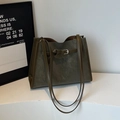 Minimalist large olive green tote bag in matte suede texture with metal strap buckle details - Green