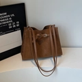 Classic dark brown leather tote bag with elegant belt knot detail and large capacity - Brown