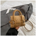 Chic camel faux suede mini crossbody bag with vintage buckle detail and top handle - Khaki