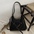 Grand sac cabas noir vintage avec coutures contrastées et doubles bandoulières - Sans pendentif / Noir