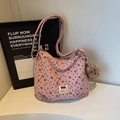 Pink corduroy tote bag with black bow heart patterns and a brown plush bear charm - Pink with Pendant