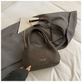 Dark brown matte leather bucket bag with top handle and adjustable shoulder strap - No Pendant / Brown