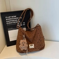 Brown corduroy shoulder bag with bear patterns and a cute plush puppy pendant - Brown with Pendant