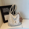 Cream corduroy tote bag with brown heart patterns and plush bear charm decoration - Beige With Charm