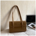 Minimalist brown leather shoulder bag with gold metal buckle for office women - Brown
