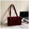 Deep red suede rectangular shoulder bag with white contrast stitching and gold logo - Burgundy