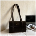 Minimalist retro dark coffee tote bag with white stitching and metal logo detail - Brown