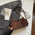 Retro brown crossbody bag in frosted faux suede with adjustable strap and vintage hardware - Coffee (No Pendant)
