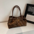 Borsa tote retrò marrone scuro capiente con stampe di lettere e fibbia metallica - caffè