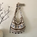 Detail of plush tote bag with vintage geometric patterns and soft ruffled shoulder strap - Blue Snowflake