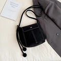 Black suede bucket bag with white contrast stitching and gold buckle for women - Black