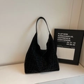 Borsa tote hobo alla moda in velluto leopardato nero con spalline in pelle - Nero