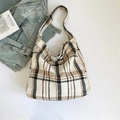 Klassieke ruitjes tote bag in beige en koffie met geweven MALIVI merklabel - Wit
