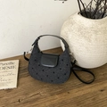 Polka dot half-moon hobo bag in dark grey with black leather trim and silver buckles - Black