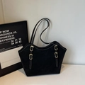 Retro black suede tote bag with white contrast stitching and gold buckle accents - Black without Pendant