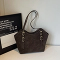 Deep brown matte leather tote bag with long straps and gold buckles for women - Coffee without Pendant