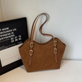 Brown faux suede tote bag with vintage metal buckles and white contrast stitching - Brown No Pendant