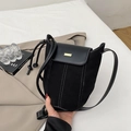 Schwarze Beuteltasche aus Leder und Wildleder mit weißen Nähten und goldener Plakette - Schwarz