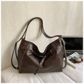 Dark brown large capacity tote bag with white contrast stitching and silver hardware - Coffee without Pendant