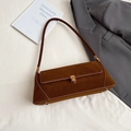 French vintage dark brown suede baguette bag with retro gold buckle and slim strap - Brown
