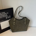 Olive green suede large tote bag with contrast stitching and golden hardware accents - Green Without Pendant