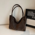 Minimalist large charcoal grey faux leather tote bag with long shoulder straps - Coffee (No Pendant)