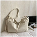 Minimalist beige textured leather tote bag for commuting with spacious interior - White Without Pendant