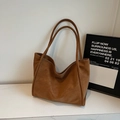 Minimalist caramel brown leather tote bag with large capacity and thin shoulder straps - Brown (Without Pendant)