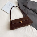 Vintage dark brown suede baguette bag with gold metal buckle and long shoulder strap - Coffee