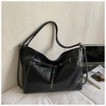 Large black leather tote bag with white contrast stitching and adjustable metal buckle - Black without Pendant