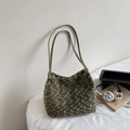 Sac cabas en peluche vert et noir avec bandoulière en similicuir olive chic - Vert Sans Pendentif