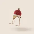 Kids vintage red and beige knit earflap hat with pompom for winter warmth - Circumference 41-46cm / Red