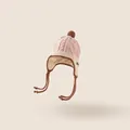 Pink and cream knit baby hat with ear flaps, brown pom-poms and warm chin straps - Circumference 41-46cm / Pink