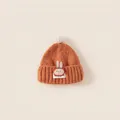 Vibrant orange baby winter knitted beanie with cute rabbit patch and white pom-pom - Head circumference 48-52cm / Orange & Beige Pompom