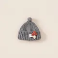 Grey baby knit earflap hat with pompom and mushroom patch for winter warmth - Head circumference 48-52cm / Pre-sale Solid Gray