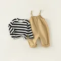 Classic black and white striped long sleeve shirt with khaki overalls for toddler boys - Black and White Stripe and Khaki / 80