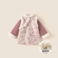 Rosa geblümtes Mädchen Winter-Cheongsam Kleid mit lila Ärmeln und warmem Fleece-Futter - 80 / Rosa Blumig
