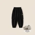 Schwarze Kinder-Cargohose mit warmem Futter, Fleece-Innenseite und Bären-Stickerei - Schwarz / 110