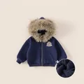 Giacca invernale blu navy per bambini con cappuccio in ecopelliccia e fodera in pile - 80 / Blu navy