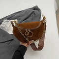 Brown suede saddle bag with gold chain strap and adjustable leather shoulder strap - Brown
