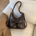 Retro deep brown leather tote bag with dual front pockets and silver metal buckles - No Pendant / Brown