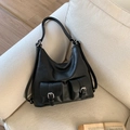 Minimalist black leather tote bag with dual front buckle pockets and adjustable straps - No Pendant / Black