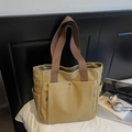 Olive green canvas tote bag with brown straps and functional front pocket - Khaki
