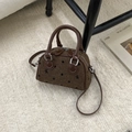 Brown tweed mini Boston bag with black bow embroidery and leather strap in variant style - Brown