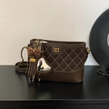 Deep brown quilted crossbody bag with white stitching, gold chain, and heart charm - Coffee with Pendant